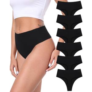 Cotton Thongs for Women High Waisted Seamless No Show Thong Stretchy Comfort Panties S-XL (Medium, Black-6 Pack)