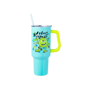 Silver Buffalo Disney Pixar Monsters Inc. Double Walled Stainless Steel Tumbler with Handle Featuring Mike Wazowski, Fits in Standard Cup Holder, 40 Ounces