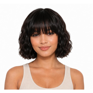 ManeMajesty 12 Inch Natural Wave Wig with Bangs Human Hair Natural Color | 100% Human Hair, Glueless Wear and Go Body Wave Wigs, Dye Bleach Your Style