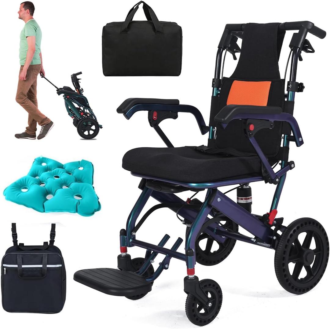 2026 Super Lightweight Transport Wheelchair for Seniors & Adults with Telescopic Handle, Upgraded Portable Folding Transfer Wheel Chairs, Gradient Dark Green, for Travel & Daily Use, 220 lbs Capacity