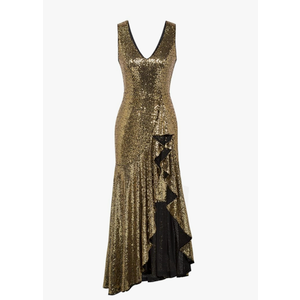 GRACE KARIN Womens Sequin Dress Sleeveless Cockatil Dress High Low Hem Wedding Party Ruffle Maxi Dress Evening Gown Gold, X-Large