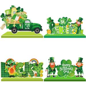 2 x St. Patrick's Day Table Decoration Shamrock Sign Centerpieces Leprechaun Decoration for Saint Patty's Table Decor Irish Green Gnome Truck Wood Sign for Tabletop Home