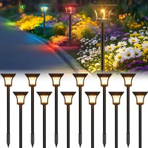 CINOTON 12 Pack RGBCW Solar Pathway Outdoor Lights, 3 Lighting Modes Solar LED Garden Lights, IP65 Waterproof Outside Solar Powered Landscape Lighting for Planter Lawn Pool Balcony RGB/Warm/Cold White (Multicolor)