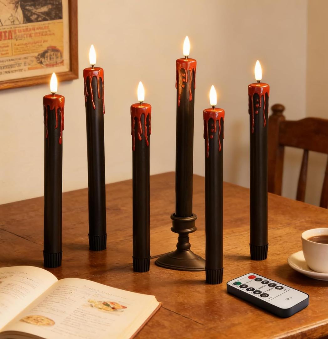 Eywamage Black Bleeding Flameless Taper Candles with Remote, Halloween LED Candlesticks Battery Operated Set of 6