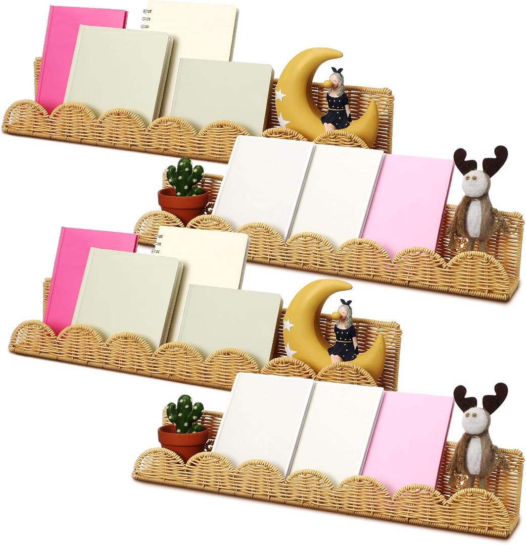 Pinkunn 4 Pcs Nursery Book Shelves 23.6 Inch Rattan Scalloped Floating Bookshelves Wicker Boho Book Shelf for Wall Mounted Decor Nursery Rooms Hanging