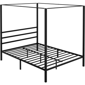 14 Inch Platform Built-in Headboard Sturdy Metal Frame Canopy Bed Frame with Four Posters, Black Queen Size