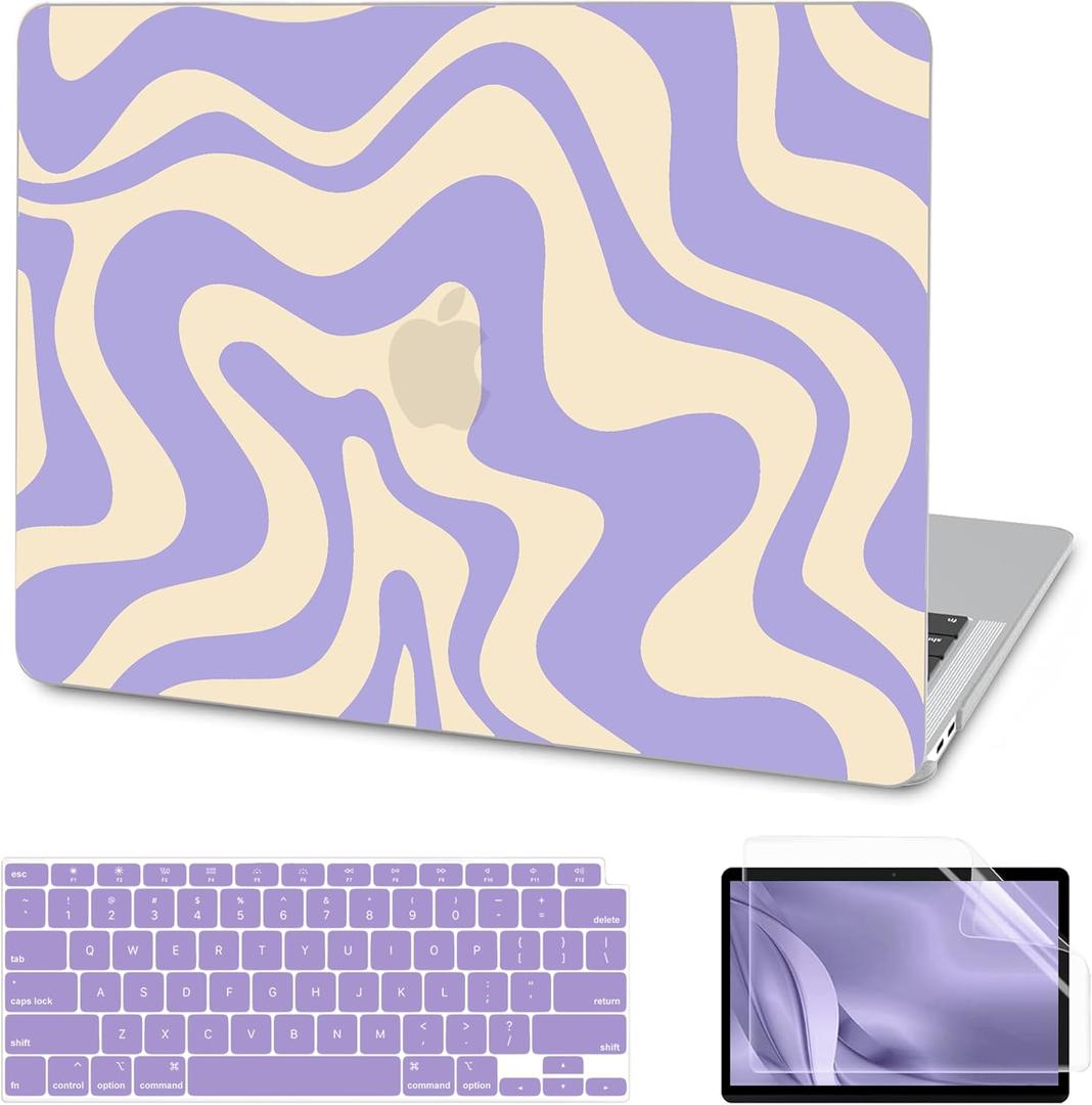 AKIT Compatible with MacBook Air 13 Inch Case M1 2022 2021 2020 2019 2018 A2337 A2179 A1932, Pattern Hard Shell Laptop Case+Screen Protector+Keyboard Cover for Mac Book Air 13.3 Inch, Violet Wave