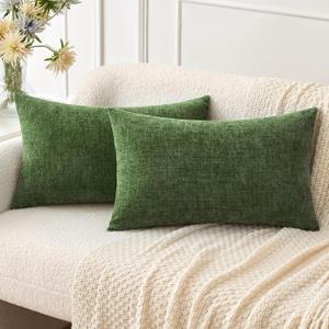 MIULEE Pack of 2 Couch Throw Pillow Covers 12x20Inch Soft Moss Green Spring Chenille Lumbar Pillow Covers for Sofa Living Room Solid Dyed Cases