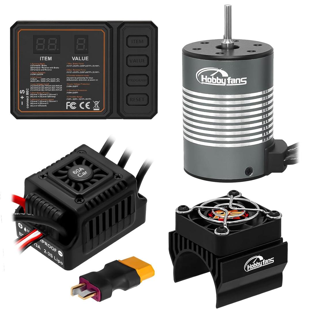 Hobby Fans Waterproof S3650 3900KV Brushless Motor 3.175mm Shaft with 60A Brushless ESC Electric Speed Controller Combo Set with Heatsink and Programming Card for 1/10 Remote Control Car Truck, Black (3900KV Motor&60A ESC&Heatsink&Programming Card)