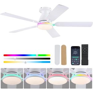 Ceiling Fans with Lights- 52" RGB Low Profile Indoor Ceiling Fan with Light and Remote/APP Control, Flush Mount, LED Dimmable DC Reversible Modern Ceiling Fan for BedroomWhite