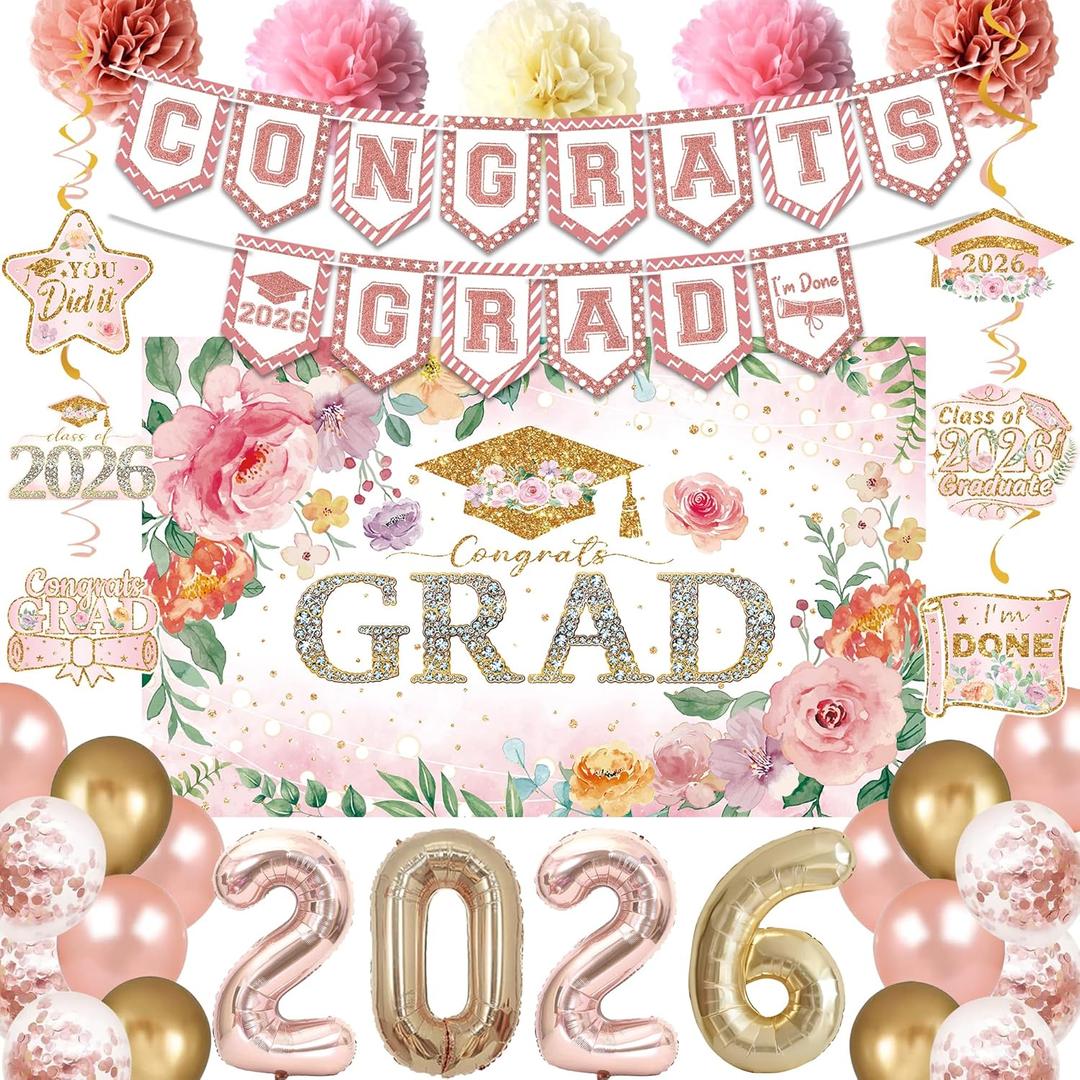 Holkcog 2026 Graduation Decorations, Pink Class of 2026 Congrats Graduation Floral Backdrop, Balloons, Paper Pompoms for Graduation Party Decorations, Outdoor Indoor College Grad Party Decorations