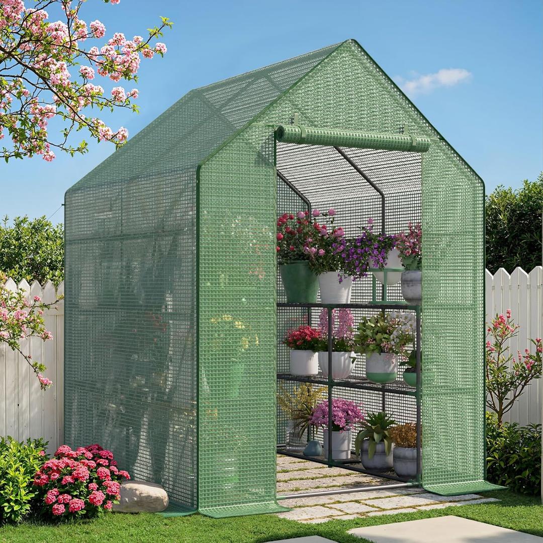 Greenhouse for Outdoors, Portable Green House, Walk in Greenhouses with Durable PE Cover, 57 x 57 x 76 inch Greenhouse with Shelves Stands,Green