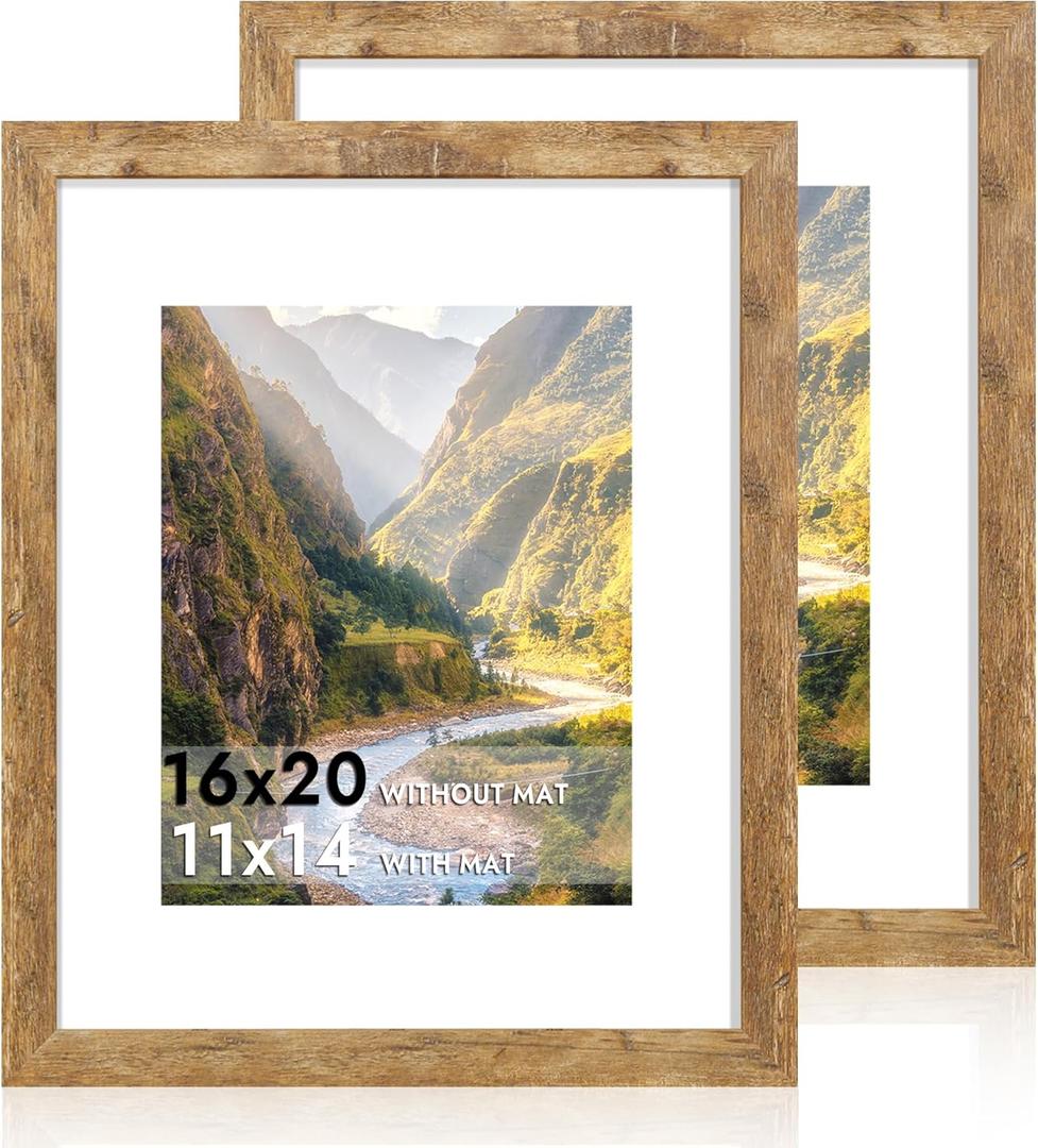 iRahmen 16x20 Picture Frame Set of 2 with Plexiglass, Display Pictures 11x14 with Mat or 16 x 20 Without Mat, Rustic Brown Wood Poster Frame for Photo Wall Gallery Mounting