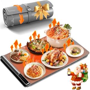 Warming Mat for Food | Max Temp 248℉,Fast Full-Surface Food Warmer with 8-Level Adjustable and Timer,Roll-Up & Portable Silicone Food Heating Pad with Child Lock,Electric Warming Tray for Buffet Party