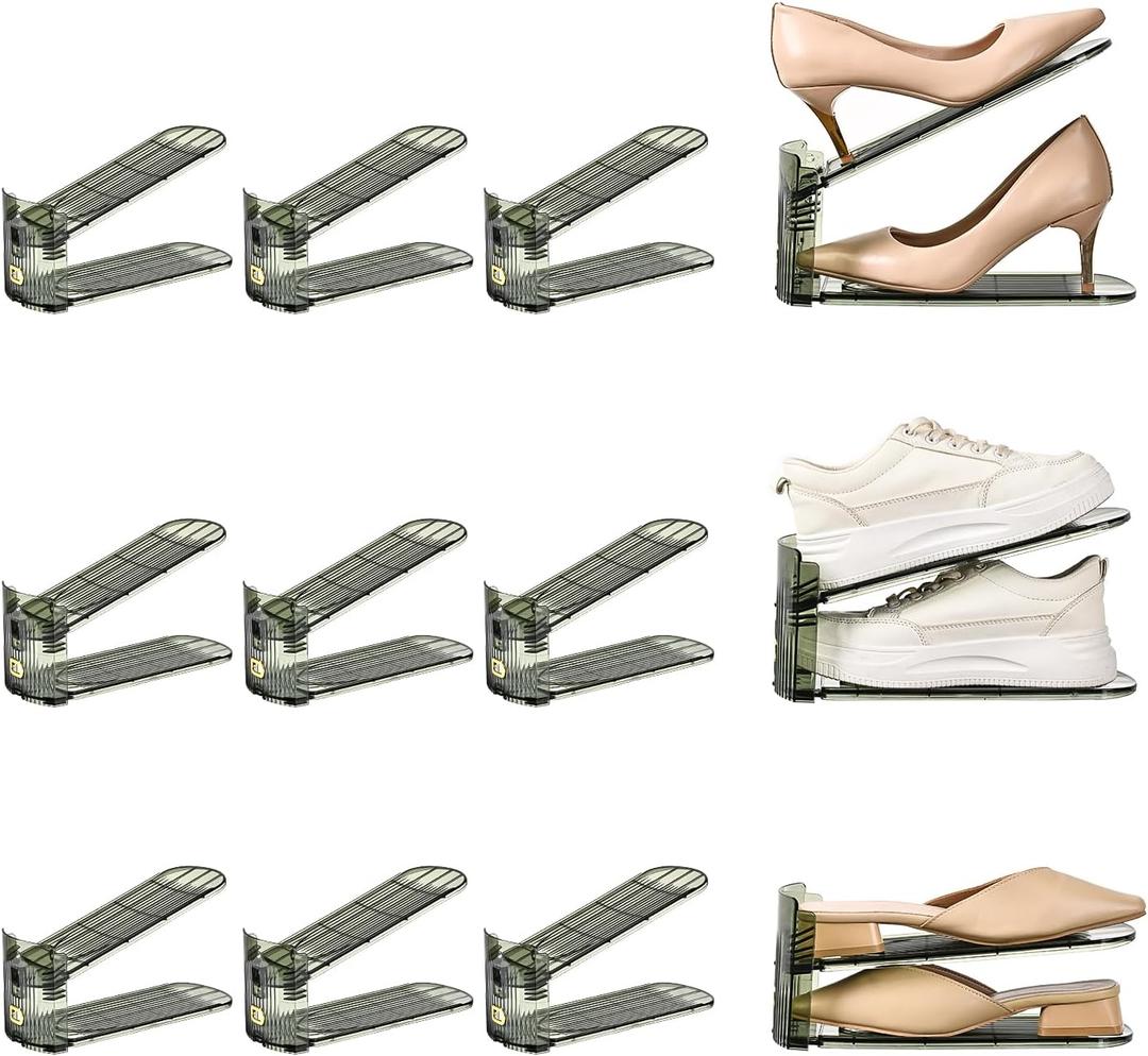 12 Pack Shoe Slots Organizer Adjustable Level Shoe Stacker Holder Storage Space Saving Sneakers Display Tray Rack for Closet (Green Transparent, 12Pack)