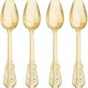 WDF 100 Piece Gold Plastic Spoons Disposable - 6.93 Inch Baroque Gold Spoons Plastic Silverware for Dessert Cake - Heavy Duty for Party Wedding Daily Using Baby Shower Spring