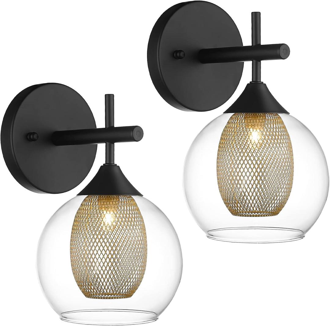 Black Wall Sconce Set of 2, Bathroom Vanity Light Fixture with Clear Glass and Honeycomb Metal Shade, Sconces Wall Lighting for Mirror Bedroom Hallway, AD-22001-1W2-BK