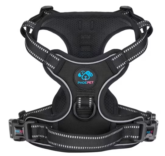PHOEPET No Pull Dog Harness Medium Reflective Front Clip Vest with Handle, Adjustable 2 Metal Rings 2 Buckles (Small,Black)