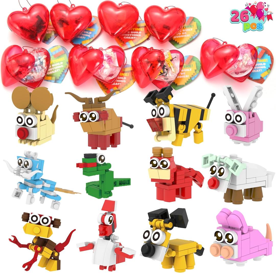 JOYIN 26 Packs Valentines Day Cards with Building Blocks, Prefilled Hearts with Cards Filled with Animal Building Blocks for Valentine Party Favor, Classroom Prize Supply