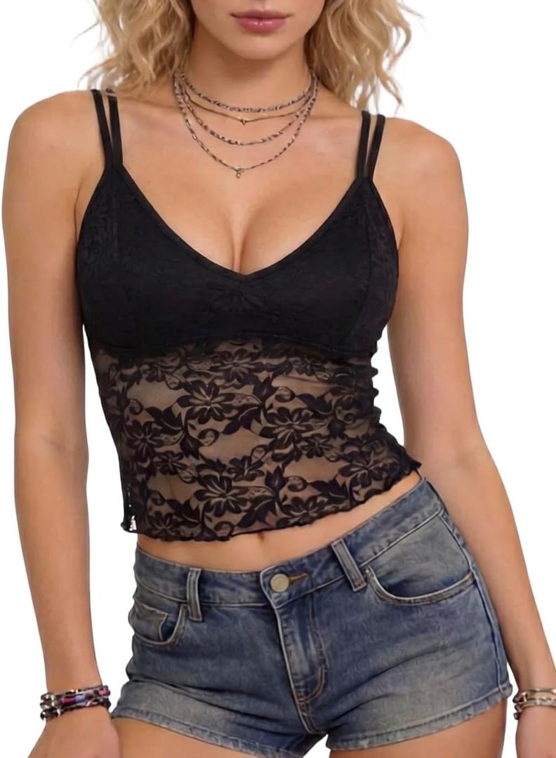 Women's Lace Camisole Tops Y2k Spaghetti Strap Floral Sheer Crop Tops Sexy See Through Slim Fit Going Out Tops Shirt (Black, XL)