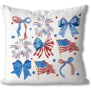 Patriotic Red White and Blue Bow Throw Pillow Covers, Americana Patriotic Independence Day 4th of July Decorations, Memorial Day Decor for Home Bedroom Couch,American Flag Pillow Covers 18x18