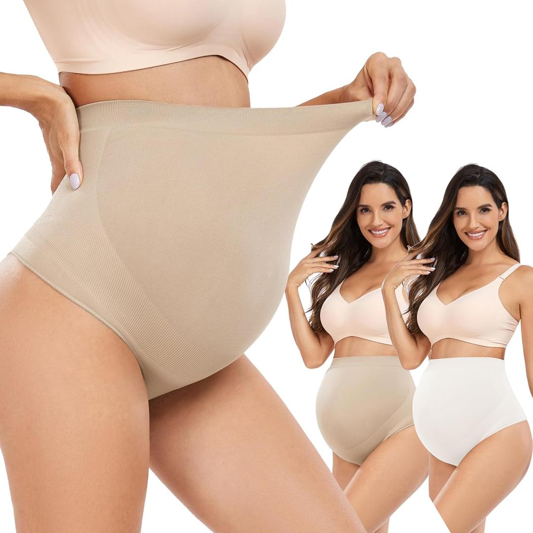 Hailycoco Seamless Maternity Shapewear, Maternity Thong High Waist Underwear Panties for Pregnancy with Belly Support (Medium, Nude+nude+white)