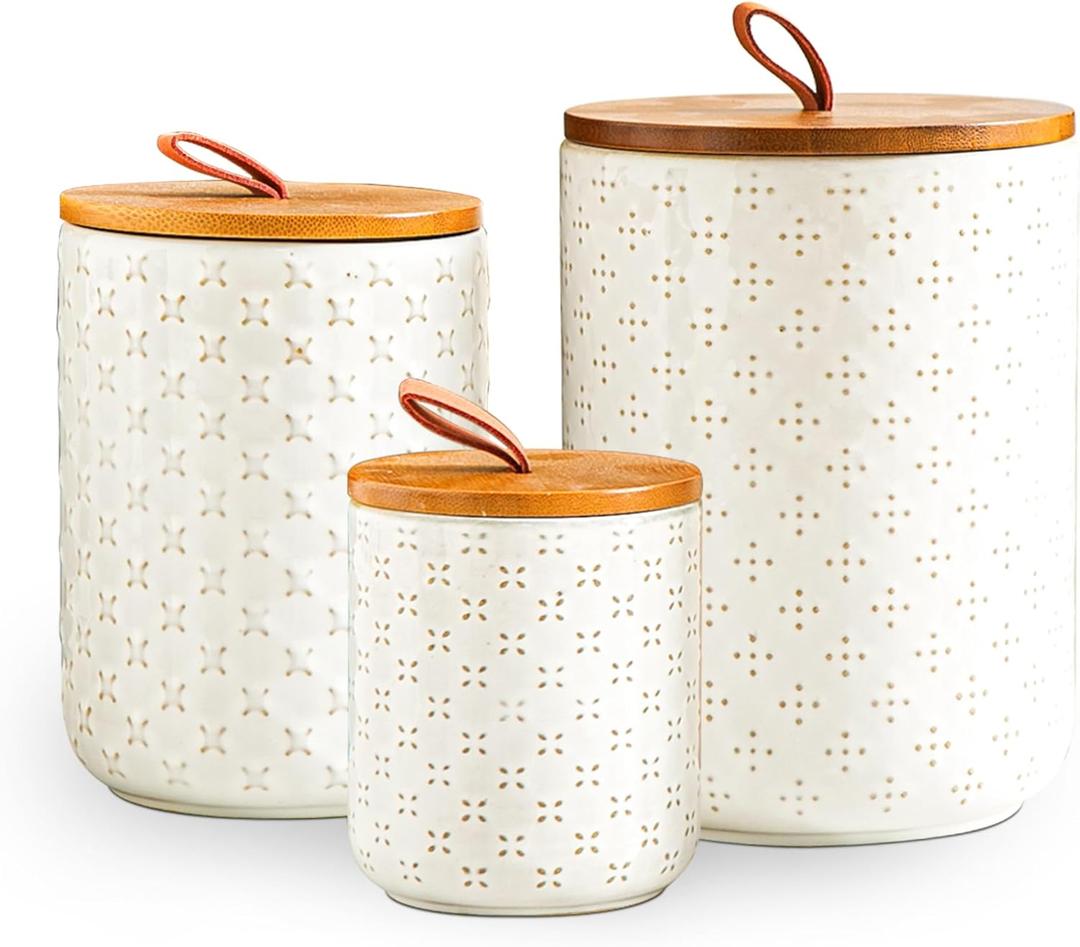 JOJUNO White Ceramic Canister Set with Wooden Lids  3-Piece Airtight Food Storage Jars for Kitchen, Embossed Design, Small/Medium/Large Sizes (12/30/48 oz)  Flour, Sugar, Coffee, Tea Containers