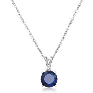 8mm Round Cubic Zirconia Sterling Silver Necklace Dainty Necklace Birthstone Jewelry Pendant Necklaces for Women (Sapphire)