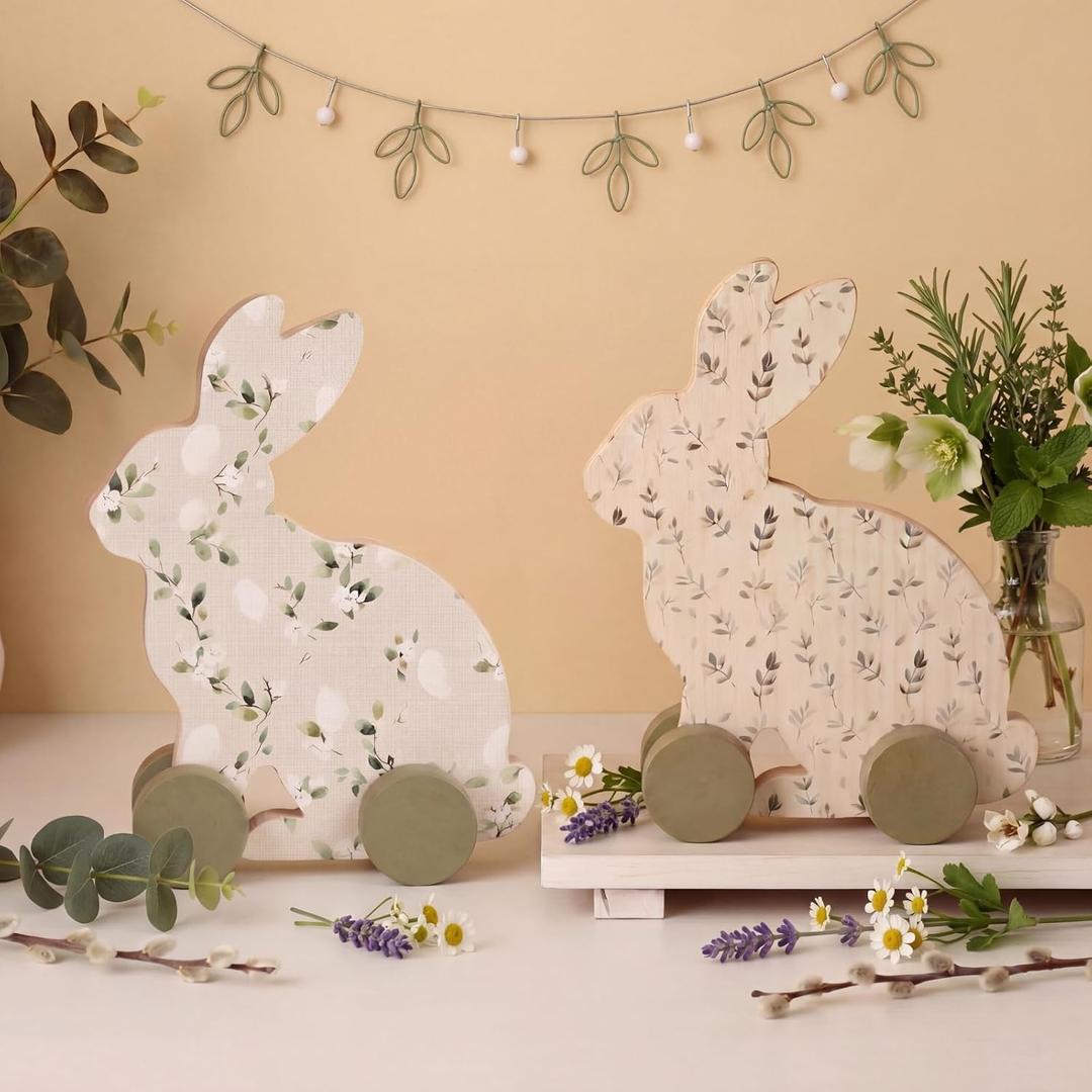 Yousoontic 2 Pcs Bunny Baby Shower Decoration Wooden Bunnies Decor with Wheels Baby Shower Table Centerpieces with Floral Prints Gift for Mom Gender Reveal Birthday Party, Nursery Decor(Green Bunny)