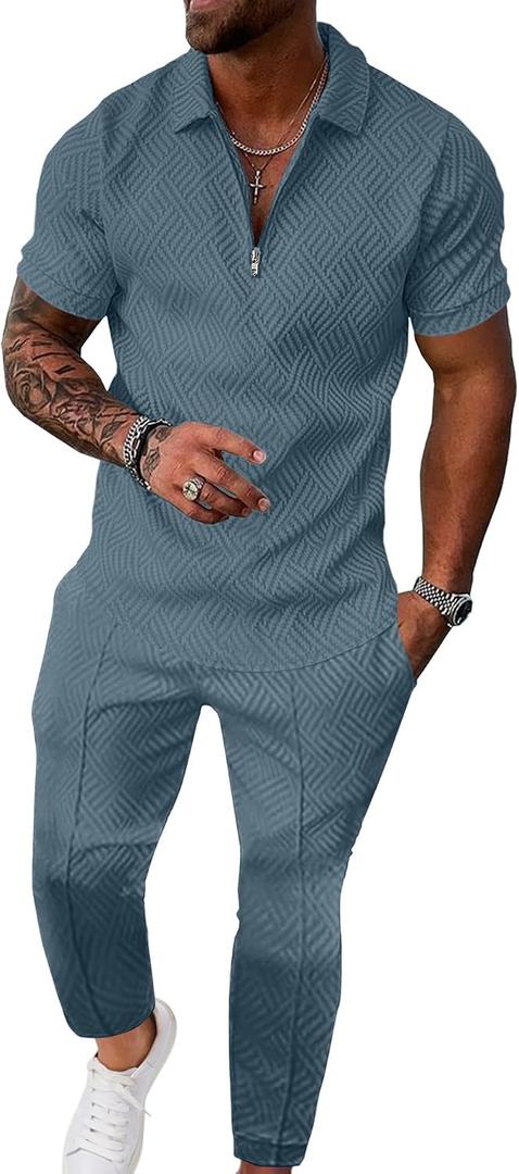 UOUA Mens Sweat Suits Set Tracksuit 2 Piece Outfits Short Sleeve Casual Sweatshirt & Loose Jogging Pants, Denim Blue, XX-Large