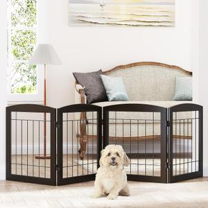 PAWLAND Dog Gate for The House Doorway Stairs Foldable Freestanding Indoor Pet Gate for Dogs Wooden Puppy Safety Fence 80" Wide 24" Height 4 Panels, Espresso (4 Panels80"W x 24"H)