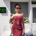 XXTAXN Women's Sexy Tube Strapless Floral Pattern Ruched Bodycon Date Night Mini Dress with Bow Tie (Winered Printing)