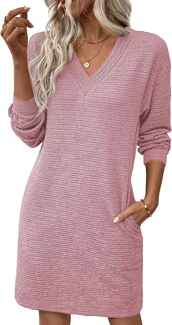 EVALESS Womens Fall Dresses 2026 Long Sleeve V Neck Casual Dress Textured Loose Fit Shift Mini Dress with Pockets (Pink, XXL)