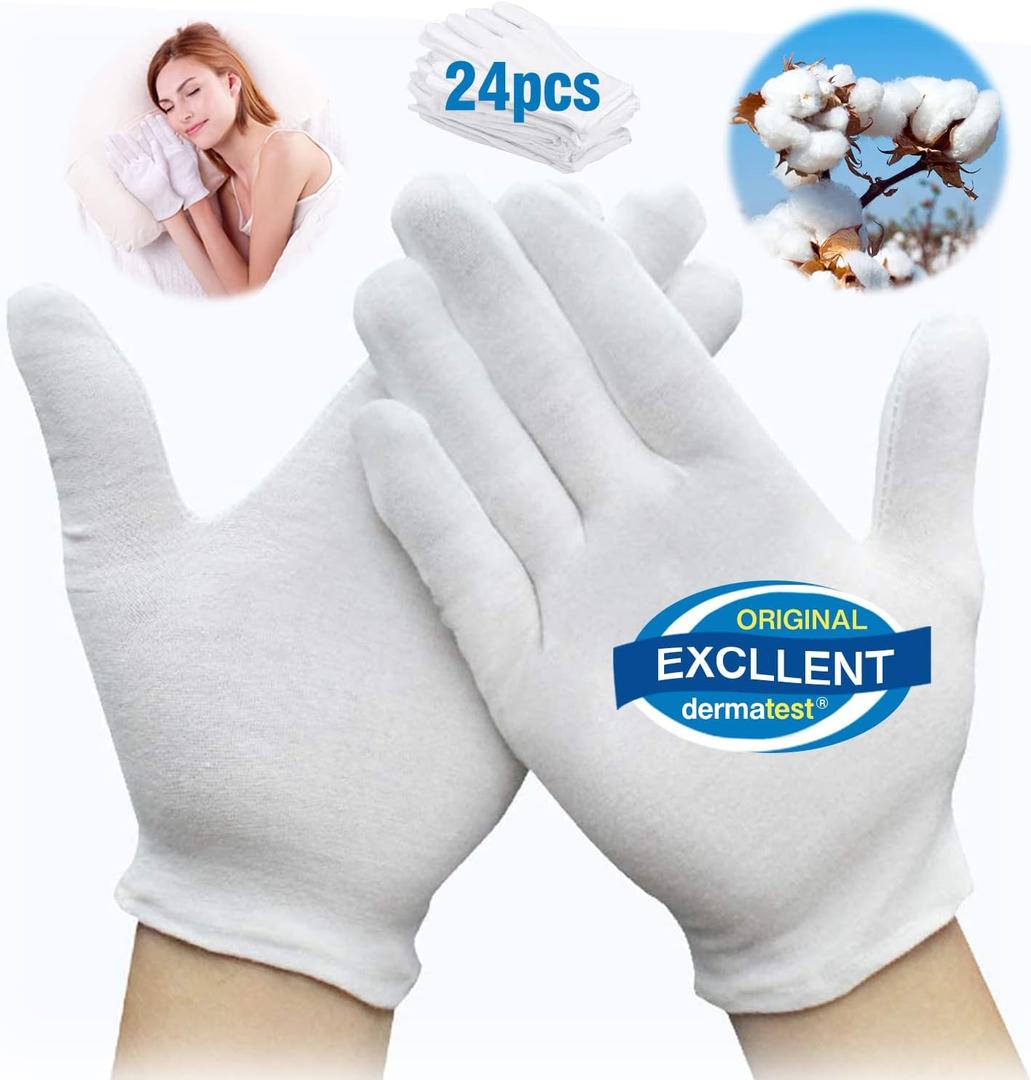 Cotton Kids Gloves - 24pcs Soft White Moisturizing Eczema Gloves for Dry Hands SPA Inspection (X-Small)