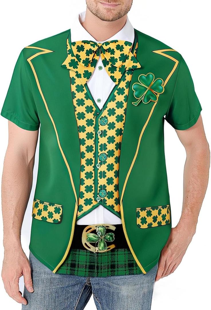 LINOCOUTON Men's St Patrick's Day Shamrock Printed Button Down Shirt (Green, L)