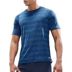 MIER Mens T Shirts Short Sleeve Quick Dry Active Tee for Running Workout Gym, Stripe (2X-Large, Heather Blue)