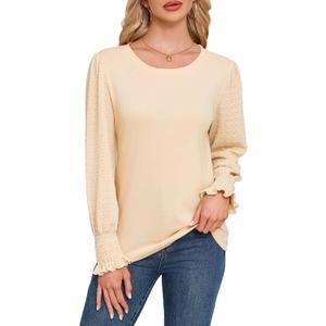 Blouses for Women Casual Puff Long Sleeve Shirts Fall Crew Neck Knit Textured Tunic Tops with Smocked Cuffs (Medium, Apricot)
