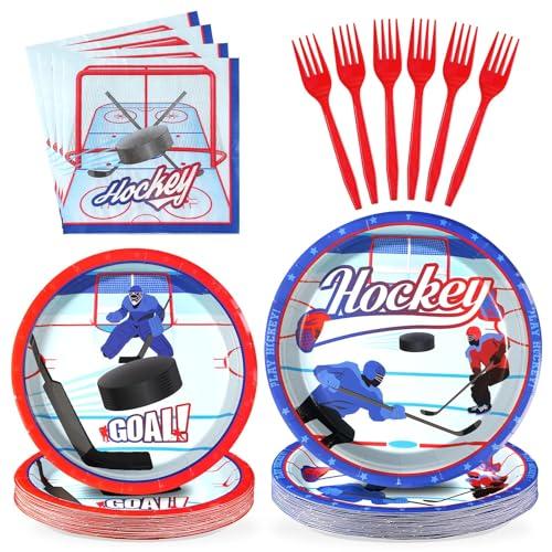Grencian 96Pcs Hockey Birthday Party Supplies 350 GSM Ice Hockey Paper Plates and Napkins Tableware Sets for Boys Kid's Fans Gameday Sports Theme Party Decorations Favors Servers 24