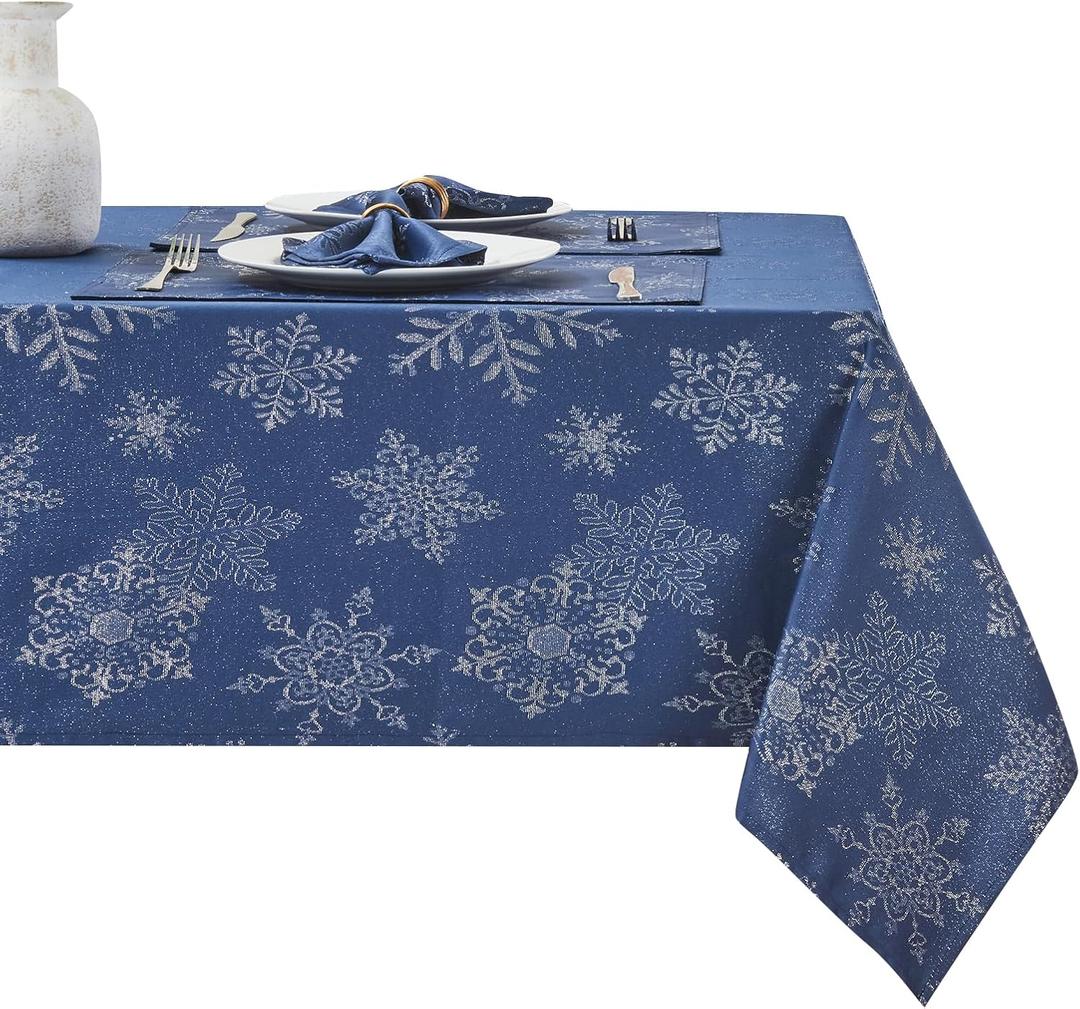 Rectangle Fancy Metallic Sparkling Snowflake Christmas Fabric Table Cloth red Hunter Gold Navy White Silver No-Iron Soil Resistant Woven Holiday Table Cover(Navy Silver/52x70Inch)
