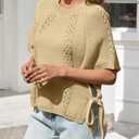 Saodimallsu Womens Summer Crochet Sweaters Batwing Cap Sleeve Cable Knit Crewneck Side Tie Casual Pullover Tops (Large, Khaki)