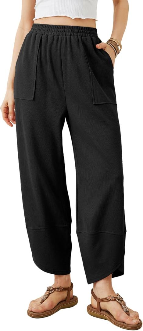 Xiaoxuemeng Womens Baggy Wide Leg Pants Casual Elastic Waisted Palazzo Harem Pants with Pockets (Small, Black)