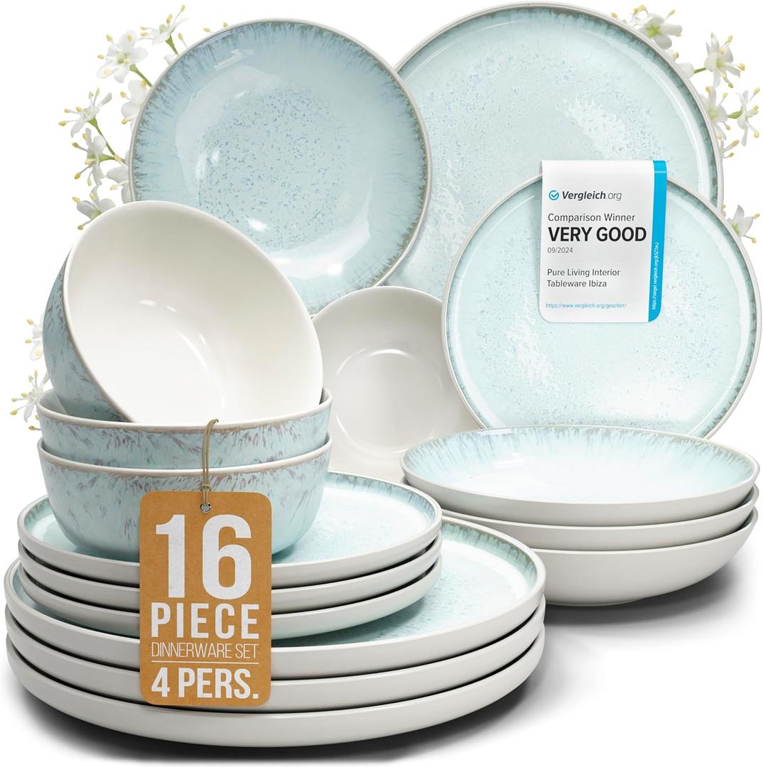 Stoneware dinnerware set 4 persons 16 pcs  Modern style plates and bowls set ceramic  Dishwasher, microwave and scratch resistant  Bowl and plate set  Dinner service Pure Living beige & light blue