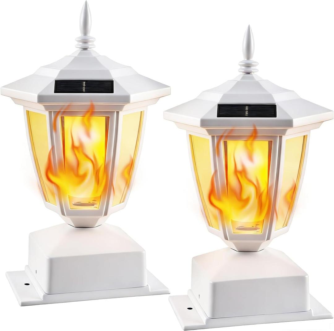 Dynaming 2 Pack Solar Flame Post Lights Outdoor, Solar Powered Lamps Fence Post Cap Lights, Flickering Flame LED Lantern Waterproof for Garden Deck Patio, Fit 4x4, 5x5 or 6x6 Wooden Posts, White Shell
