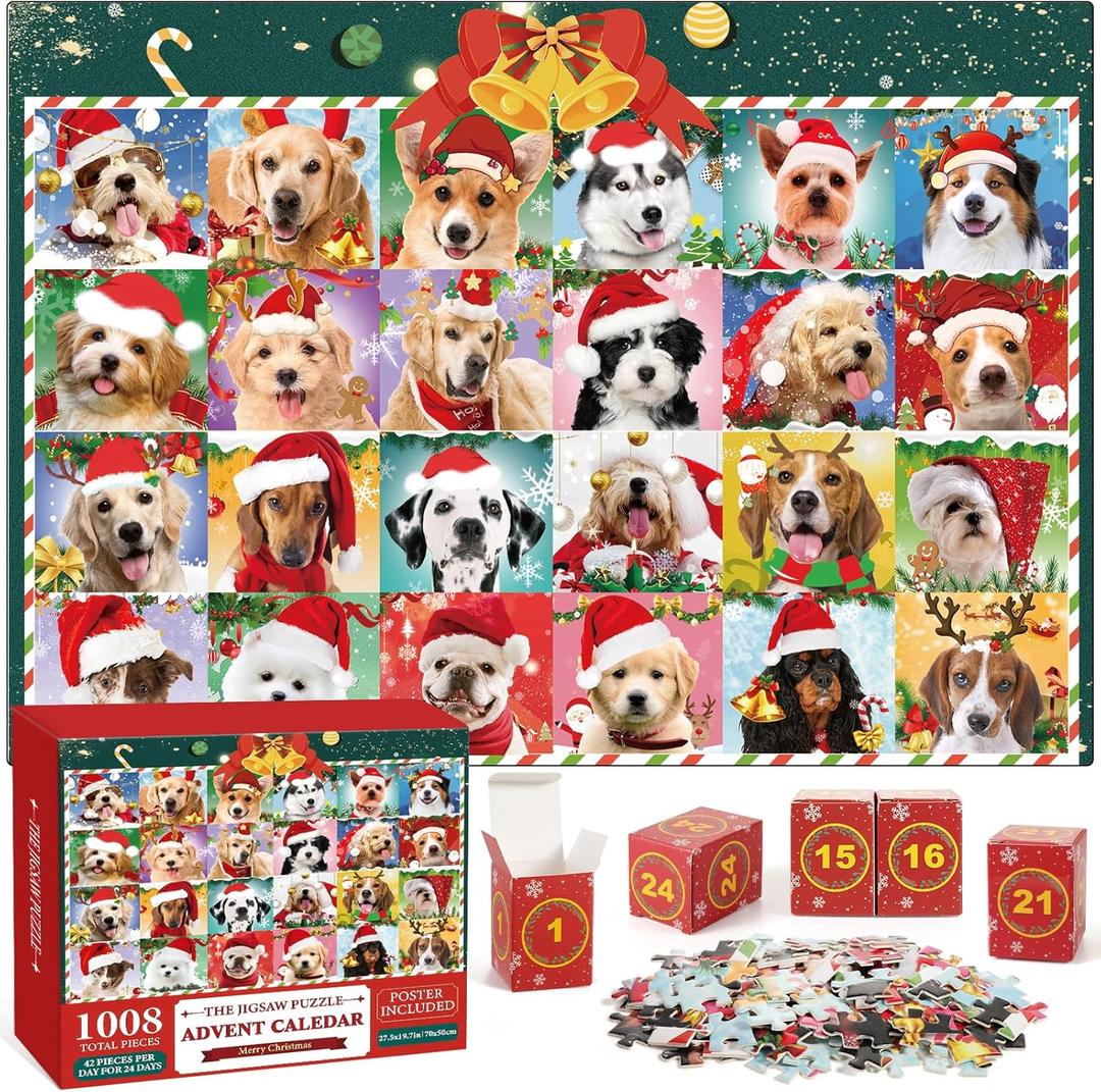 Advent Calendar 2025 Christmas Jigsaw Puzzles, Christmas Dogs Jigsaw Puzzles 1008 Pieces Puzzle 24 Days Christmas Countdown Calendar Family Game Christmas Gifts for Kids Teens Adults