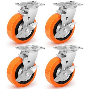 6 Inch Industrial Casters - Castor Wheels Sets 4 Heavy Duty with Dual Ball Bearing, Polyurethane Wheel Capacity up to 4500 lbs, Plate Swivel Wheels for Workbench, Equipment(4 Brake)