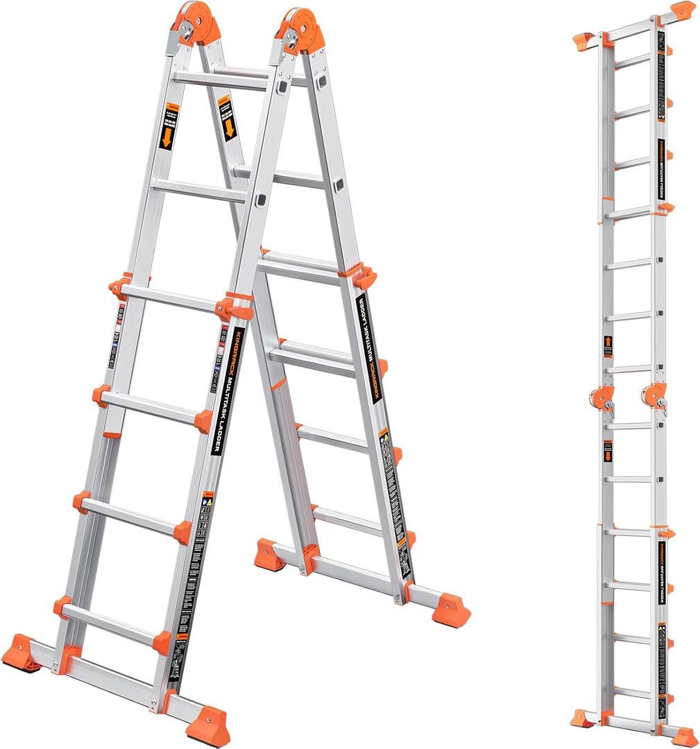 KINGRACK Ladder, A Frame 4 Step Extension Ladder, 11.4 Ft Anti-Slip Multi Position Ladder with Stabilizer Bar, 330 lbs Security Load Telescoping Aluminum Ladders for Stairs Home Outdoor Roof Work