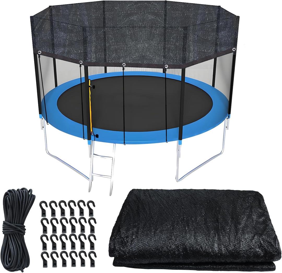 Upgraded Trampoline Cover 12FT Round Heavy Duty Sunblock Cloth Black Top Sun Shade & Leaf Protection Mesh Tarp with 49FT Elastic Cord & Plastic Hooks for Outdoor Backyard Playground(Tent Only)