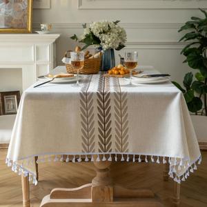 Oubonun Tablecloths for Rectangle Tables, Cotton Linen Waterproof Farmhouse Table Cloth with Boho Tassels  Wrinkle Free, Wipeable & Washable for Kitchen & Dining, 55''x120'', 10-12 Seats (Beige, Wine Leaf)