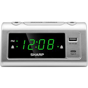 Sharp Alarm Clock for Bedrooms, Super Fast USB-C Charging and Fast 2 Amp USB Charging, 2 Alarms, 3-Step Dimmer, Snooze, Easy to Set Controls, Silver with Green LED Display