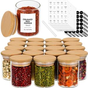 4OZ Glass Spice Jars with Bamboo Lids and 315 Labels, 20 Pcs Clear Food Storage Containers for Kitchen Sugar Salt Coffee Tea Beans